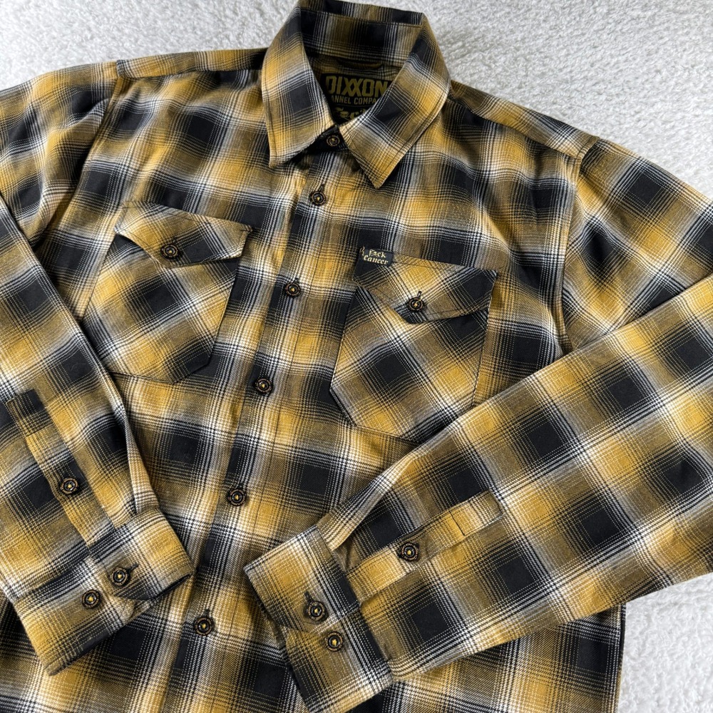 New Dixxon Men's Flannel Fxck Cancer Gold Black Plaid Button‎ Up Biker Punk Sz L